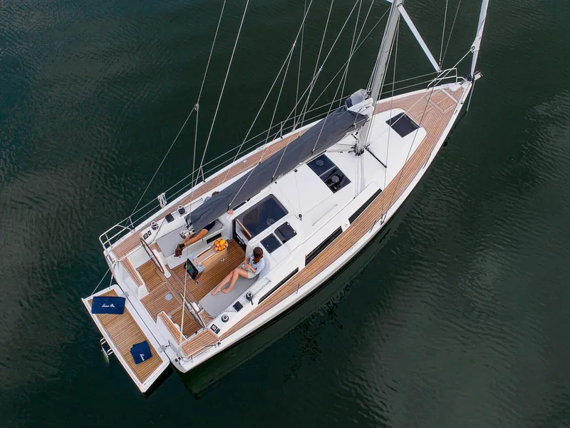 The Image of 2024 Hanse 348 sailboat on calm water, top view. - 0