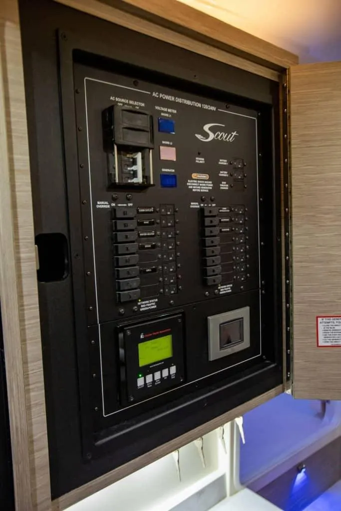 Slide: The Image of Electrical panel of 2025 Scout 425 LXF boat, featuring AC power distribution. - 15