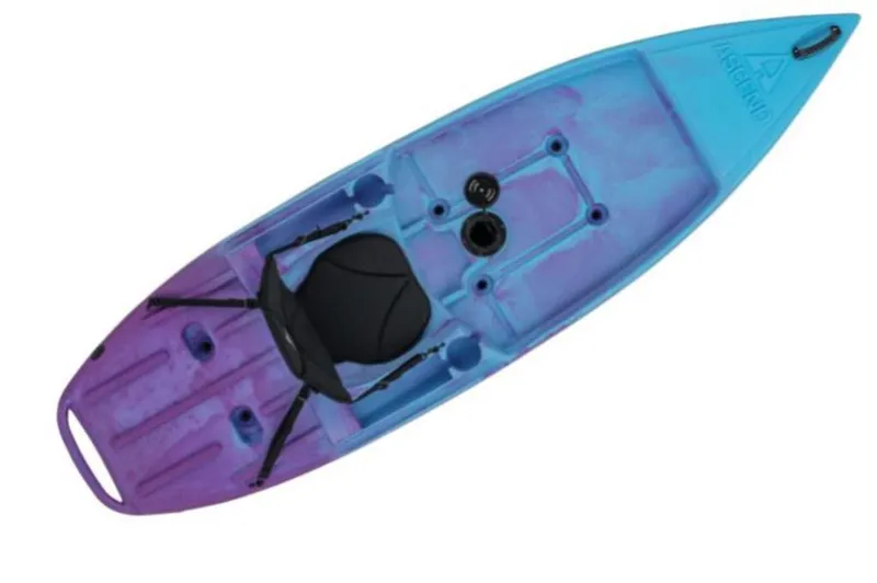The Image of 2021 Ascend 9R Sport Sit-On kayak with a purple and blue design, displayed indoors. - 2