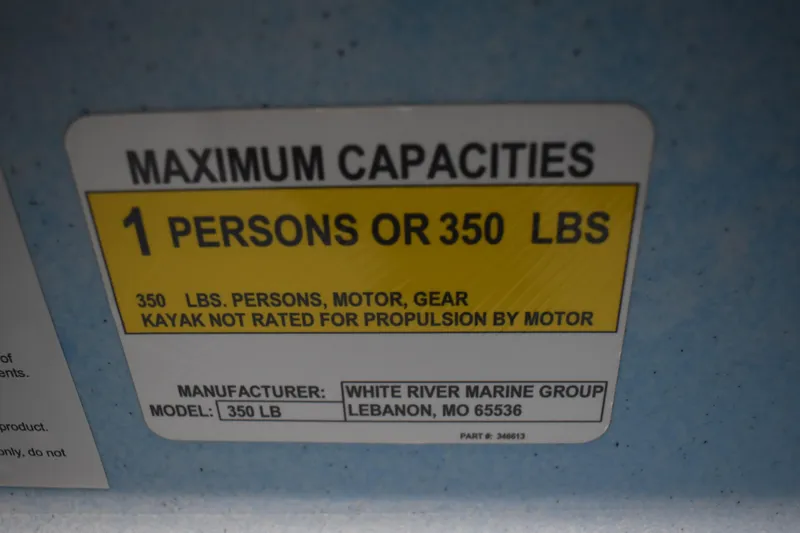 Slide: The Image of Ascend 12R Sport Sit-On kayak capacity label, 1 person or 350 lbs, 2021 model. - 16