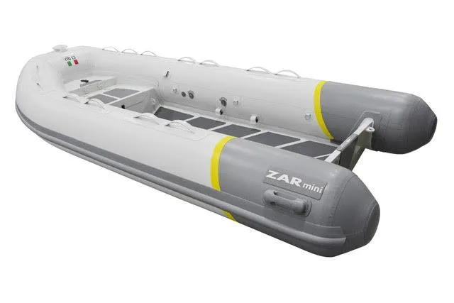 Slide: The Image of 2022 ZAR Mini 13 HDL inflatable boat, gray and white with yellow accents. - 11