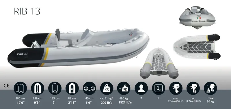 Slide: The Image of 2022 ZAR Mini 13 HDL inflatable boat with specifications and multiple views. - 12
