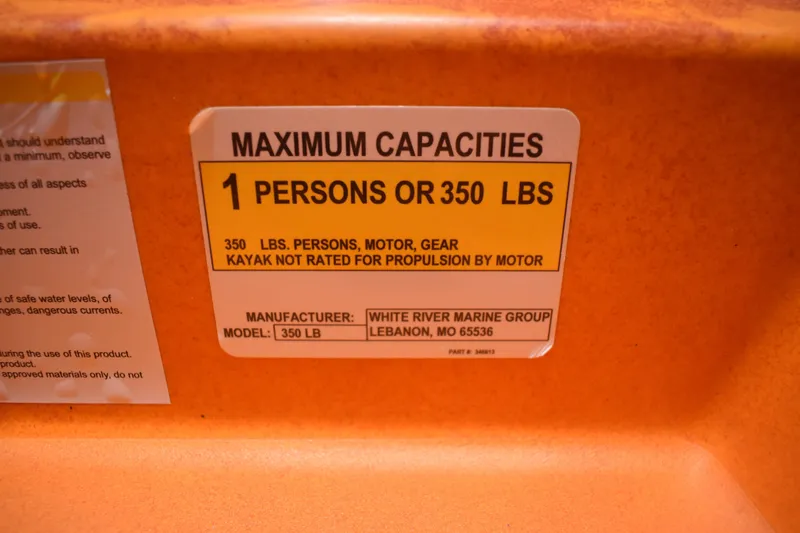 Slide: The Image of Maximum capacity label on Ascend 12R Sport Sit-On kayak, 2021 model, 350 lbs limit. - 14