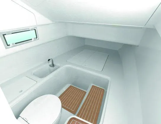 Slide: The Image of 2020 Zar Formenti 85 SL boat interior with sink, toilet, and wooden floor panels. - 14