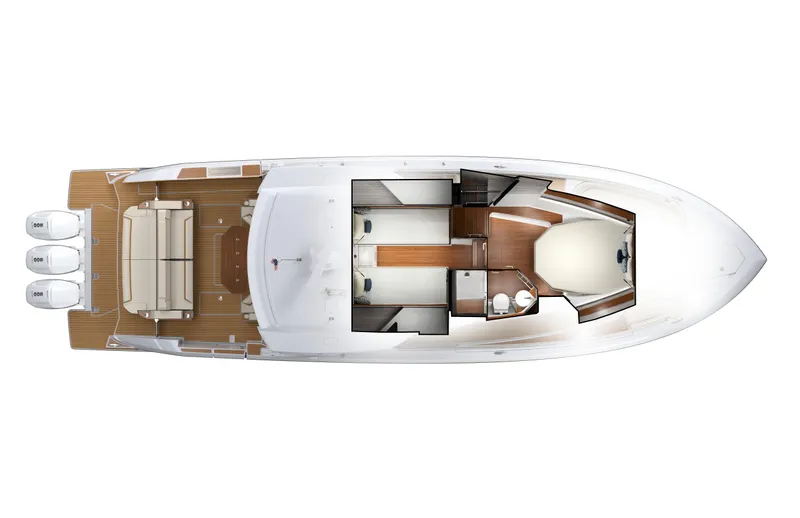 Slide: The Image of Top view of 2025 Tiara Yachts 48 LS model layout with triple outboard engines. - 6