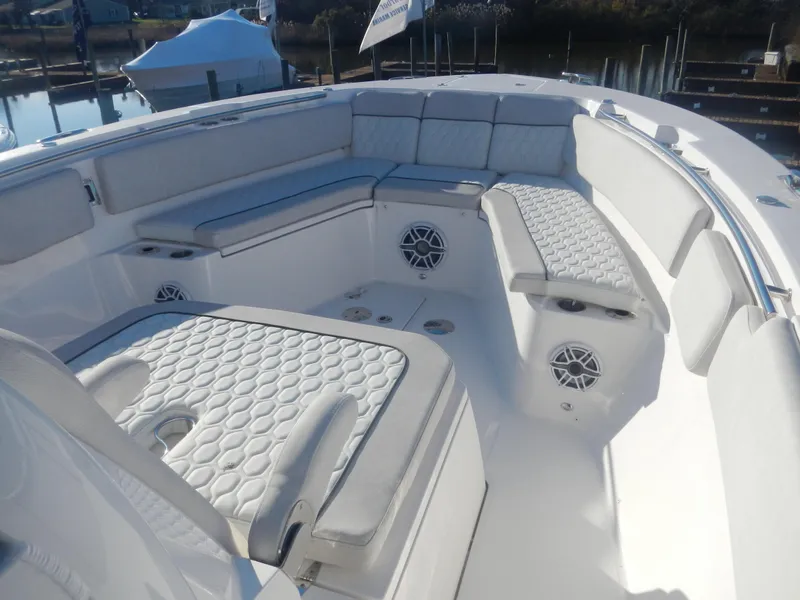 Slide: The Image of 2024 Sea Fox 328 Commander boat with spacious seating and modern design. - 10