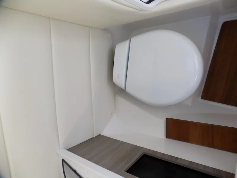 Slide: The Image of 2023 Regal 29 OBX boat interior with modern toilet and sleek design. - 10