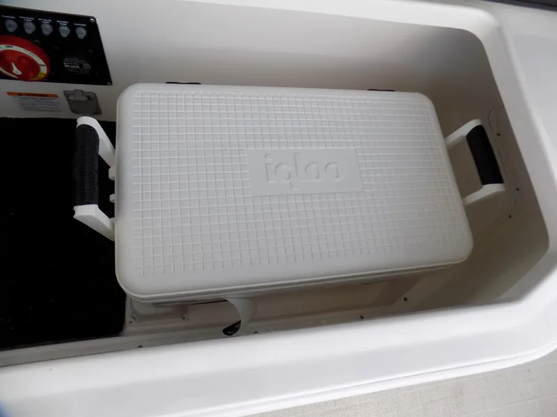Slide: The Image of White Igloo cooler in 2023 Regal 29 OBX boat storage compartment. - 12