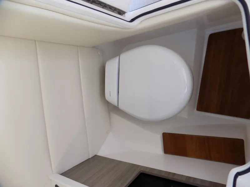 Slide: The Image of 2023 Regal 29 OBX boat interior with modern toilet and wooden accents. - 8