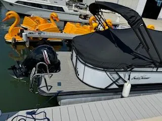 Slide: The Image of SunChaser Geneva Sport 22 LR DH boat docked near swan pedal boats, 2021 model. - 2