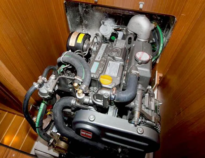 Slide: The Image of Engine compartment of a 2025 Catalina 356 sailboat, showcasing detailed mechanical components. - 13