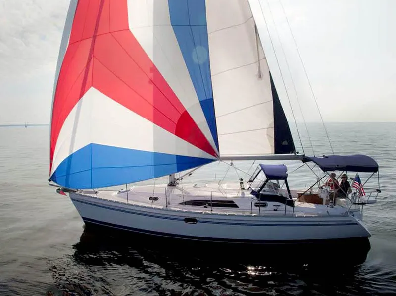 Slide: The Image of Sailboat Catalina 356 (2025) with colorful sails on calm water. - 2