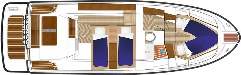 Slide: The Image of 2024 Sargo 33 boat interior layout with twin beds and seating area. - 15