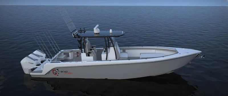 Slide: The Image of 2024 CG Boat Works 34 Tournament on calm water, featuring sleek design and fishing equipment. - 0