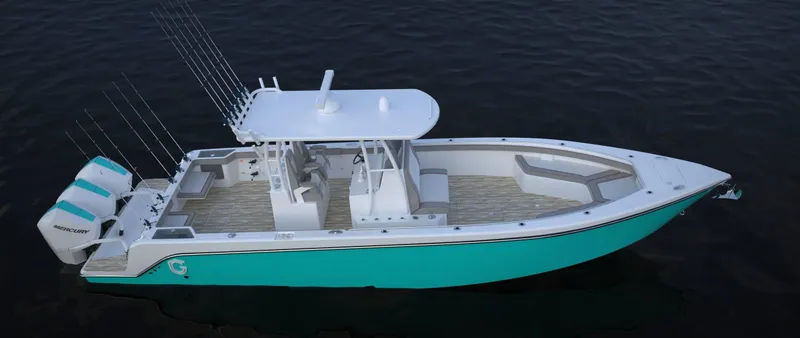 Slide: The Image of 2024 CG Boat Works 34 Tournament, turquoise hull, dual engines, fishing rods, aerial view. - 10