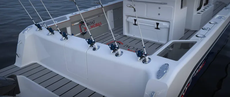 Slide: The Image of 2024 CG Boat Works 34 Tournament fishing boat with rod holders and storage compartments. - 11