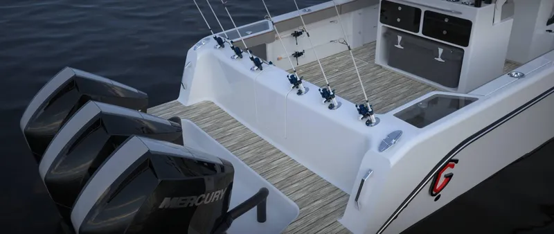 Slide: The Image of 2024 CG Boat Works 34 Tournament with triple Mercury engines, fishing rods, and spacious deck. - 13