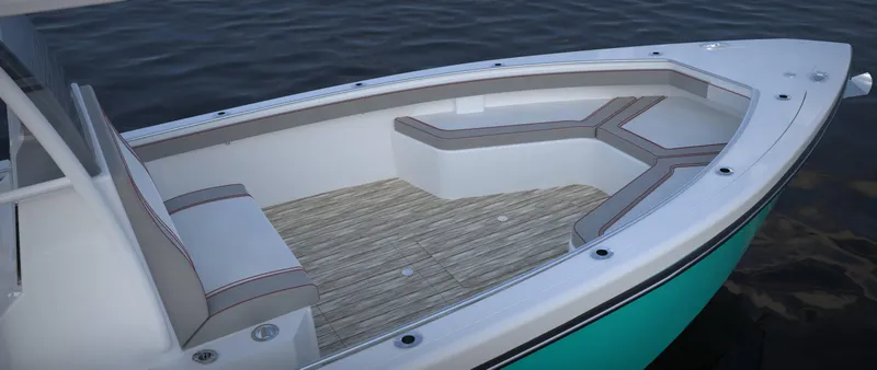 Slide: The Image of 2024 CG Boat Works 34 Tournament, spacious deck with cushioned seating, on calm water. - 18