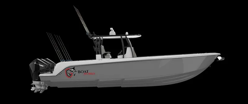 Slide: The Image of 2024 CG Boat Works 34 Tournament, sleek design, side view, black background. - 2
