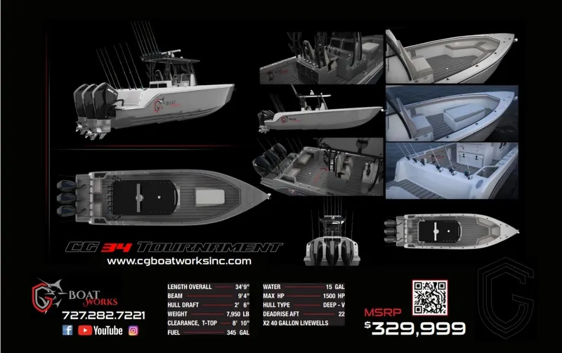 Slide: The Image of 2024 CG Boat Works 34 Tournament, sleek design, powerful engines, $329,999 MSRP, detailed specifications. - 3