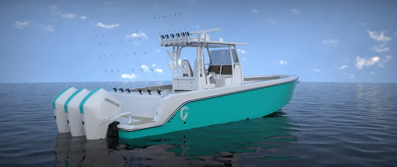 Slide: The Image of 2024 CG Boat Works 34 Tournament on calm water, featuring triple outboard engines. - 30