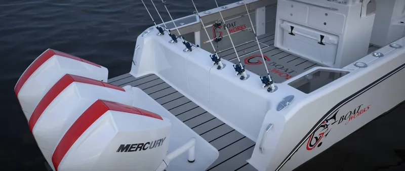 Slide: The Image of 2024 CG Boat Works 34 Tournament with Mercury engines, featuring fishing rod holders and spacious deck. - 33