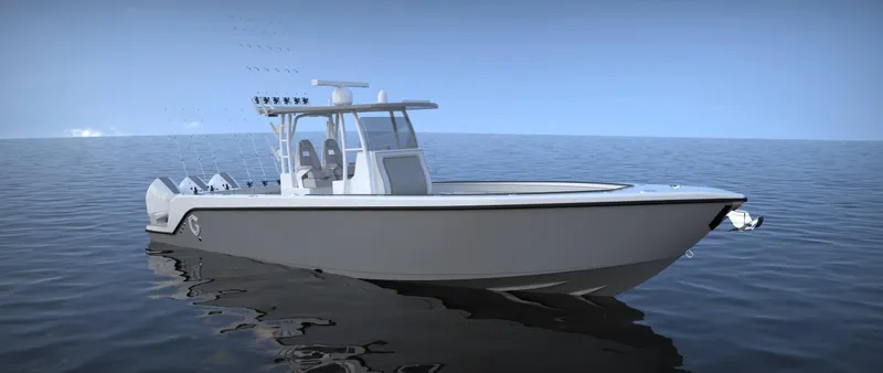 Slide: The Image of 2024 CG Boat Works 34 Tournament on calm ocean waters. - 34