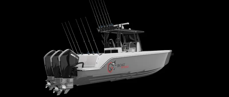 Slide: The Image of 2024 CG Boat Works 34 Tournament fishing boat with multiple outboard engines. - 4