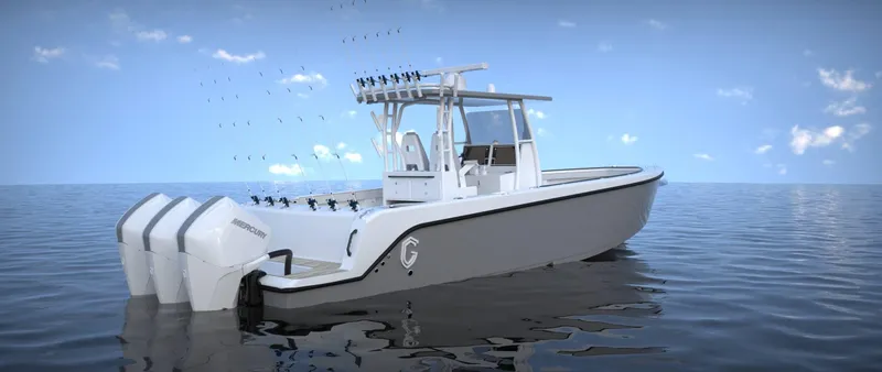 Slide: The Image of 2024 CG Boat Works 34 Tournament on calm water, featuring triple outboard engines. - 40