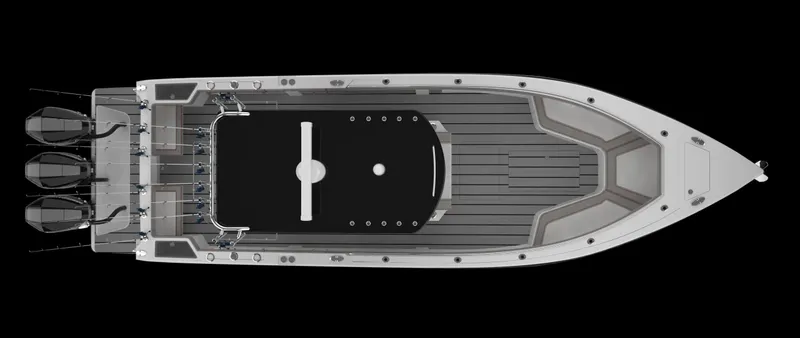 Slide: The Image of Top view of 2024 CG Boat Works 34 Tournament, featuring sleek design and triple engines. - 43