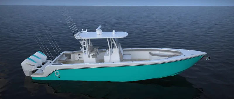 Slide: The Image of 2024 CG Boat Works 34 Tournament on calm water, featuring sleek design and fishing equipment. - 47