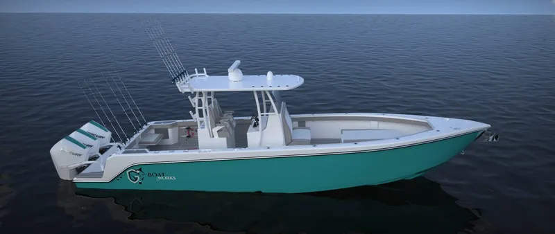 Slide: The Image of 2024 CG Boat Works 34 Tournament on calm water, featuring sleek design and modern amenities. - 5