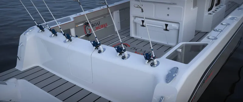 Slide: The Image of 2024 CG Boat Works 34 Tournament fishing boat with rod holders and spacious deck. - 6