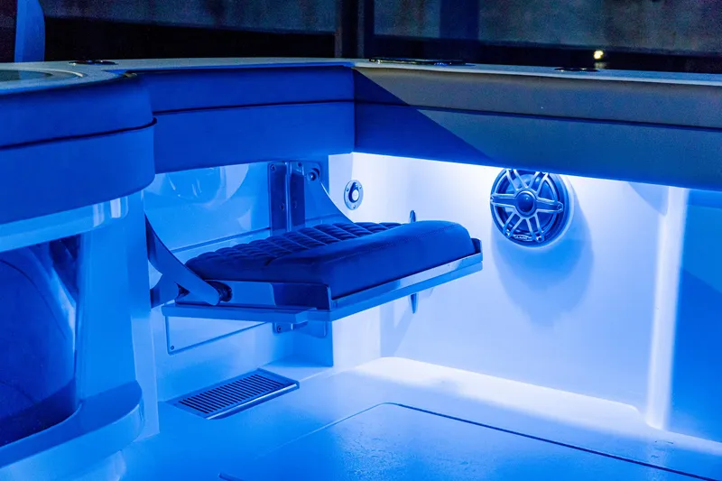 Slide: The Image of Interior of 2025 Valhalla Boatworks V-46 with blue LED lighting. - 11