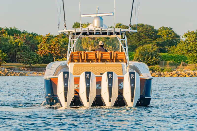 Slide: The Image of 2025 Valhalla Boatworks V-46 with quad outboard engines on the water. - 9