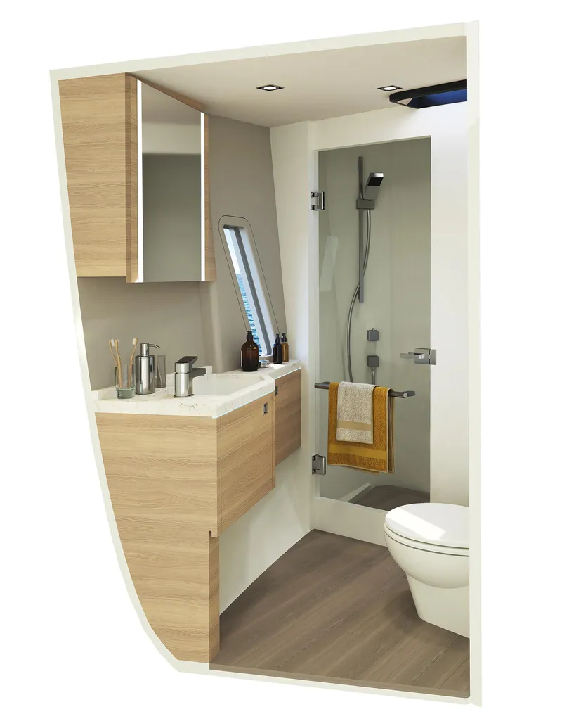 Slide: The Image of Modern yacht bathroom with wood accents, shower, and toilet in Compact Mega Yachts CMY 161, 2022 model. - 11