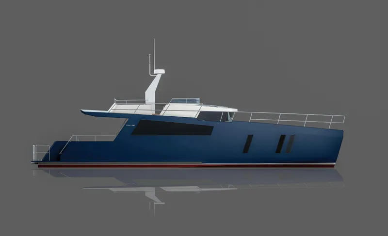 Slide: The Image of 2022 Compact Mega Yachts CMY 161, sleek blue design, side view on gray background. - 2