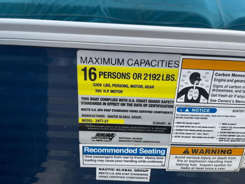 Slide: The Image of Capacity label on 2015 AquaPatio 240EL3 Triple boat, max 16 persons or 2192 lbs. - 12