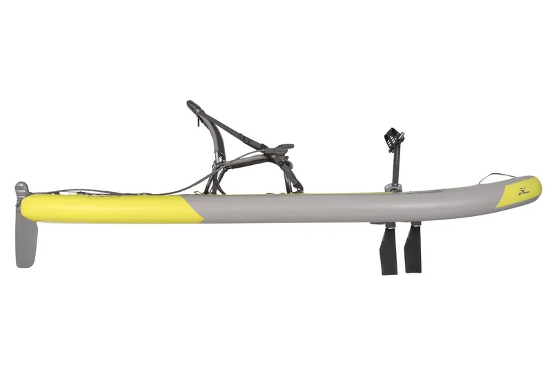Slide: The Image of 2023 Hobie iTrek 9 Ultralight inflatable kayak, side view, yellow and gray. - 17
