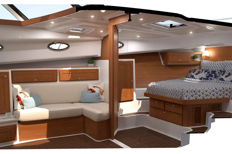 Slide: The Image of Luxurious interior of 2027 Back Cove 39O yacht with elegant wood finishes and cozy seating. - 11