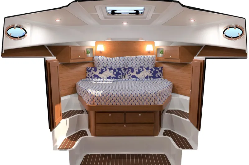 Slide: The Image of Luxurious cabin interior of 2027 Back Cove 39O yacht with elegant wood finish. - 12