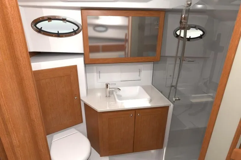 Slide: The Image of Luxurious bathroom interior of 2027 Back Cove 39O yacht with modern fixtures and wood accents. - 13