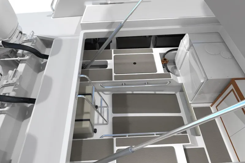 Slide: The Image of 2027 Back Cove 39O boat interior with storage compartments and equipment. - 14