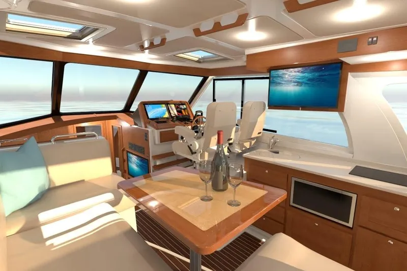 Slide: The Image of Luxurious interior of 2027 Back Cove 39O yacht with modern amenities and ocean view. - 6