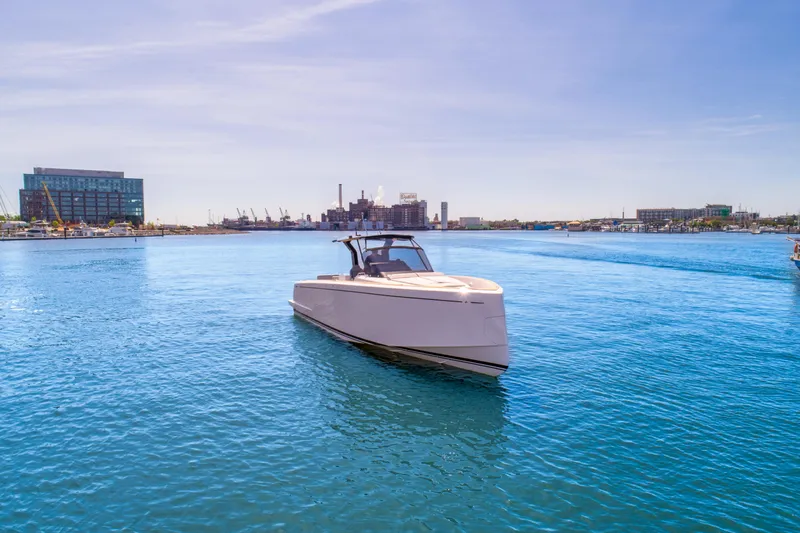 Slide: The Image of 2023 Pardo Yachts 38 cruising in a calm harbor. - 2