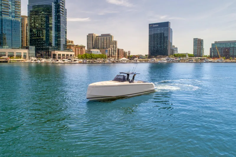 Slide: The Image of 2023 Pardo Yachts 38 cruising in an urban waterfront setting. - 20
