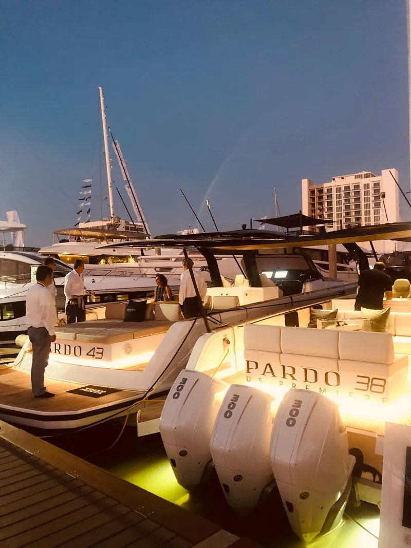 Slide: The Image of Pardo Yachts 38, 2023 model, docked at marina during evening. - 44