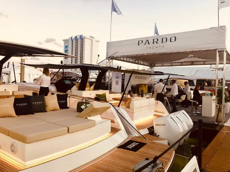 Slide: The Image of 2023 Pardo Yachts 38 model on display at a boat show. - 45
