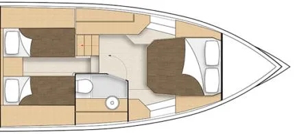 Slide: The Image of 2023 Pardo Yachts 38 interior layout with two cabins and a bathroom. - 47