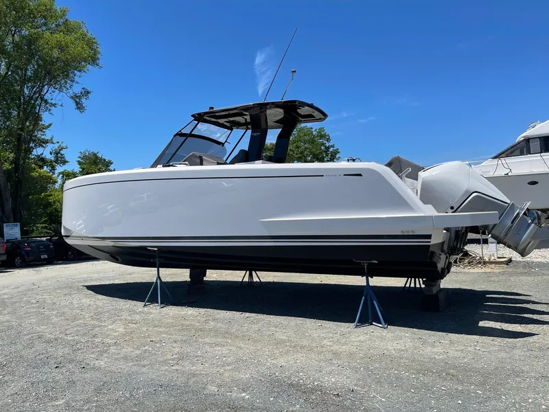 Slide: The Image of 2023 Pardo Yachts 38 on stands, side view, outdoors. - 7